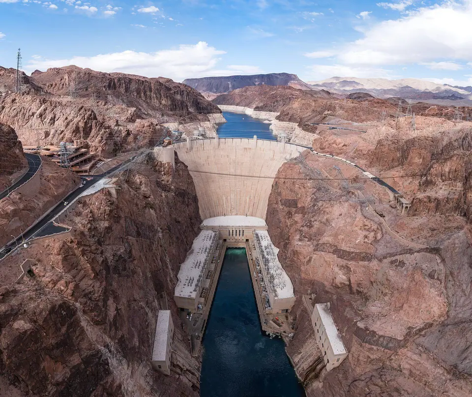 Hoover Dam and Black Canyon seen from the Mike O'Callaghan-Pat Tillman Memorial Bridge, a few miles from Boulder City, Boulder City, NV