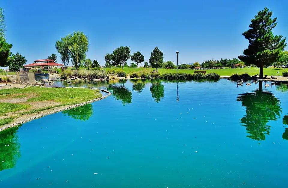 Pond and lawns at Aliante Nature Discovery Park in North Las Vegas, daytime, North Las Vegas, NV